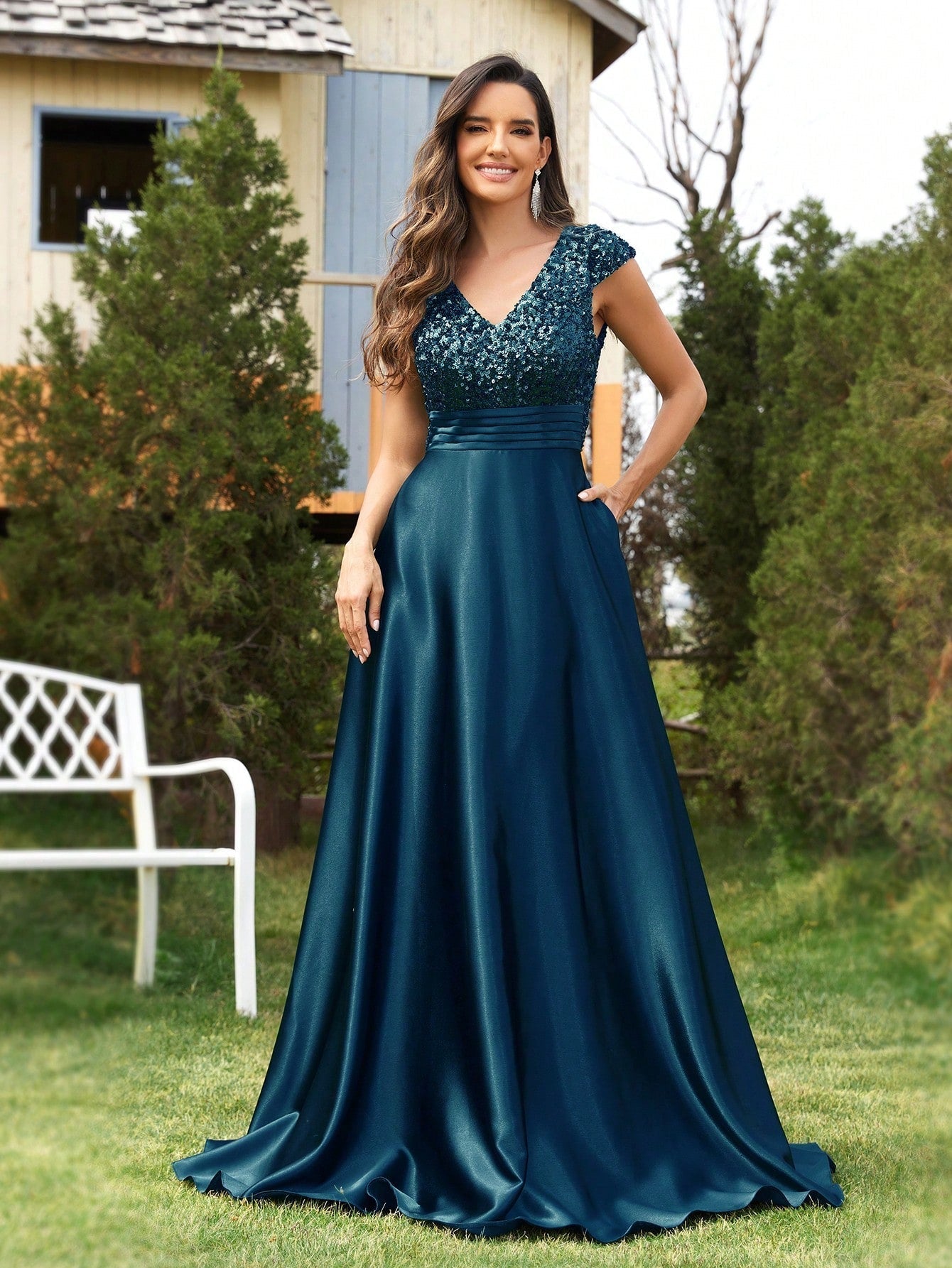 Sequin V-Neck Satin A-Line Maxi Formal Dress
