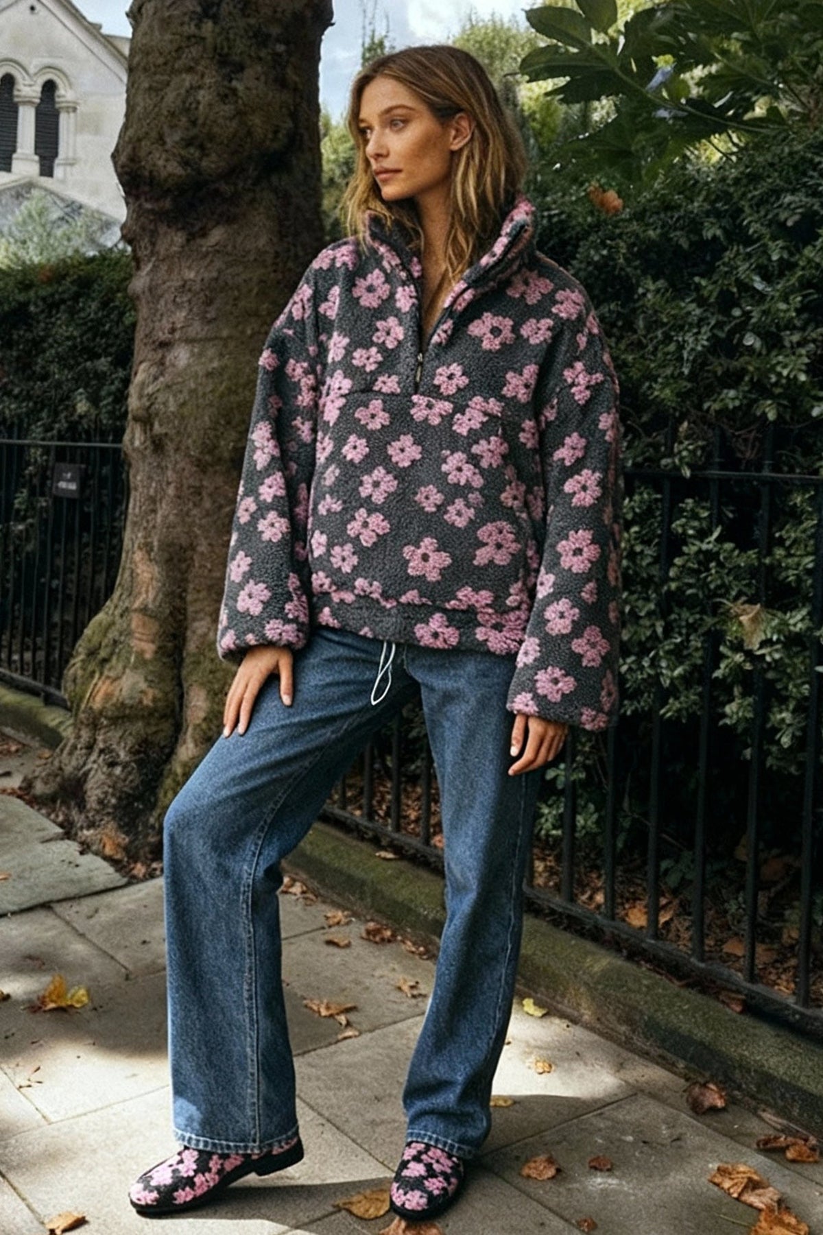 Floral Fleece Half Zip Stand Collar Oversized Sweatshirt 2