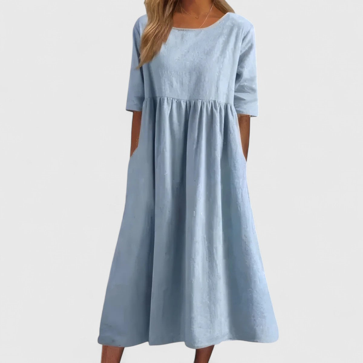 Scoop Neck Short Sleeve Pocket A-Line Midi Dress