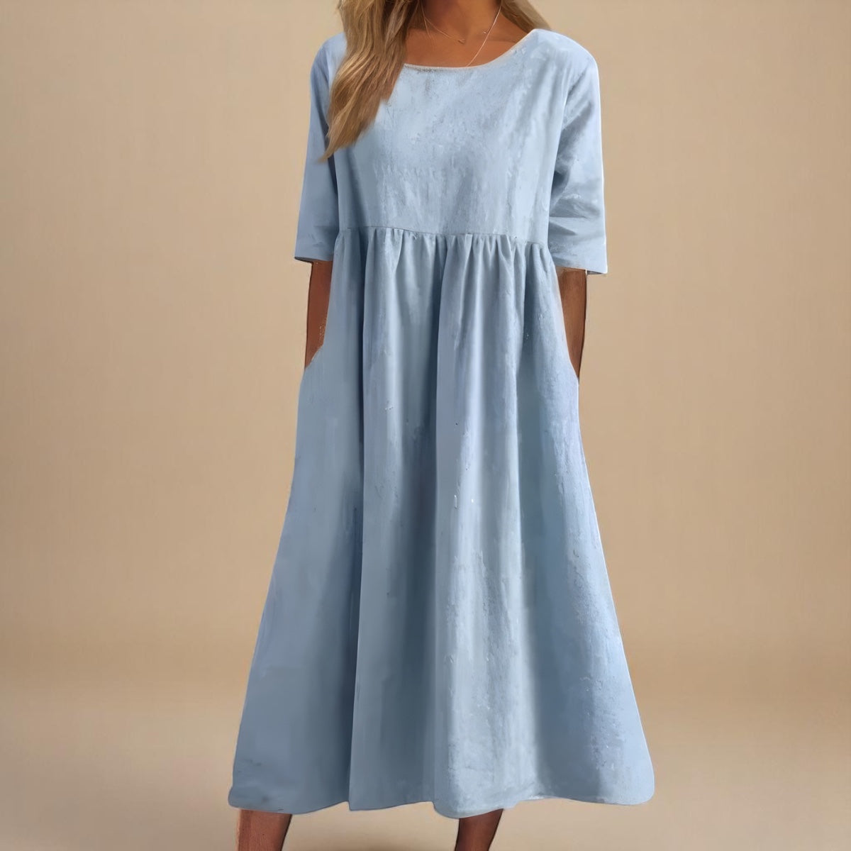 Round Neck Half Sleeve Pocket Babydoll Midi Dress