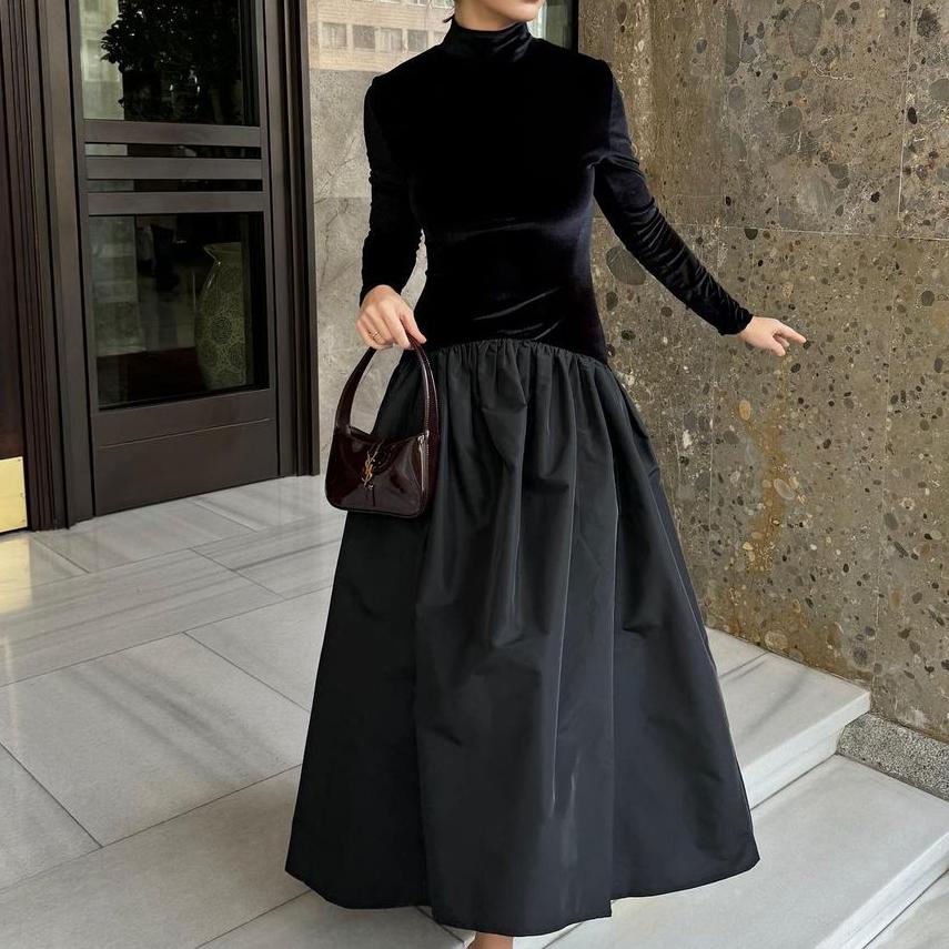 Velvet Stitching Waist Controlled Slimming Hepburn Little Black Dress Spring Stand Collar Midi Dress