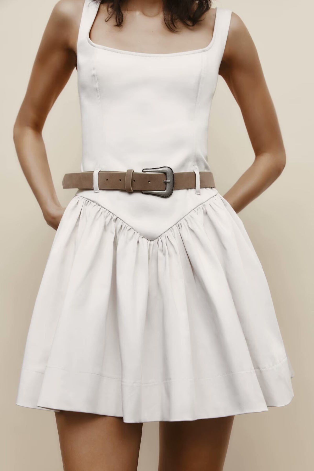 Square Neck Sleeveless Belted Drop Waist Flared Mini Dress