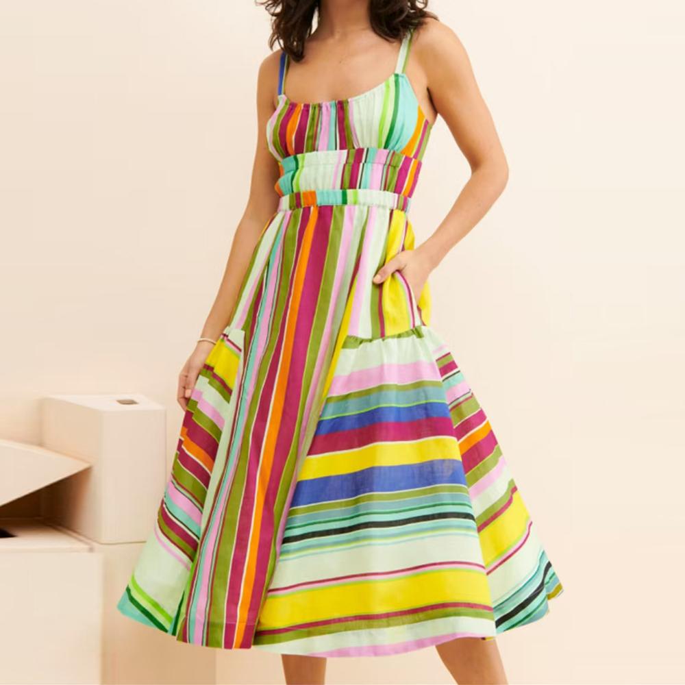 Multi Stripe Scoop Neck Cami Shirred Bodice Pocket Midi Dress