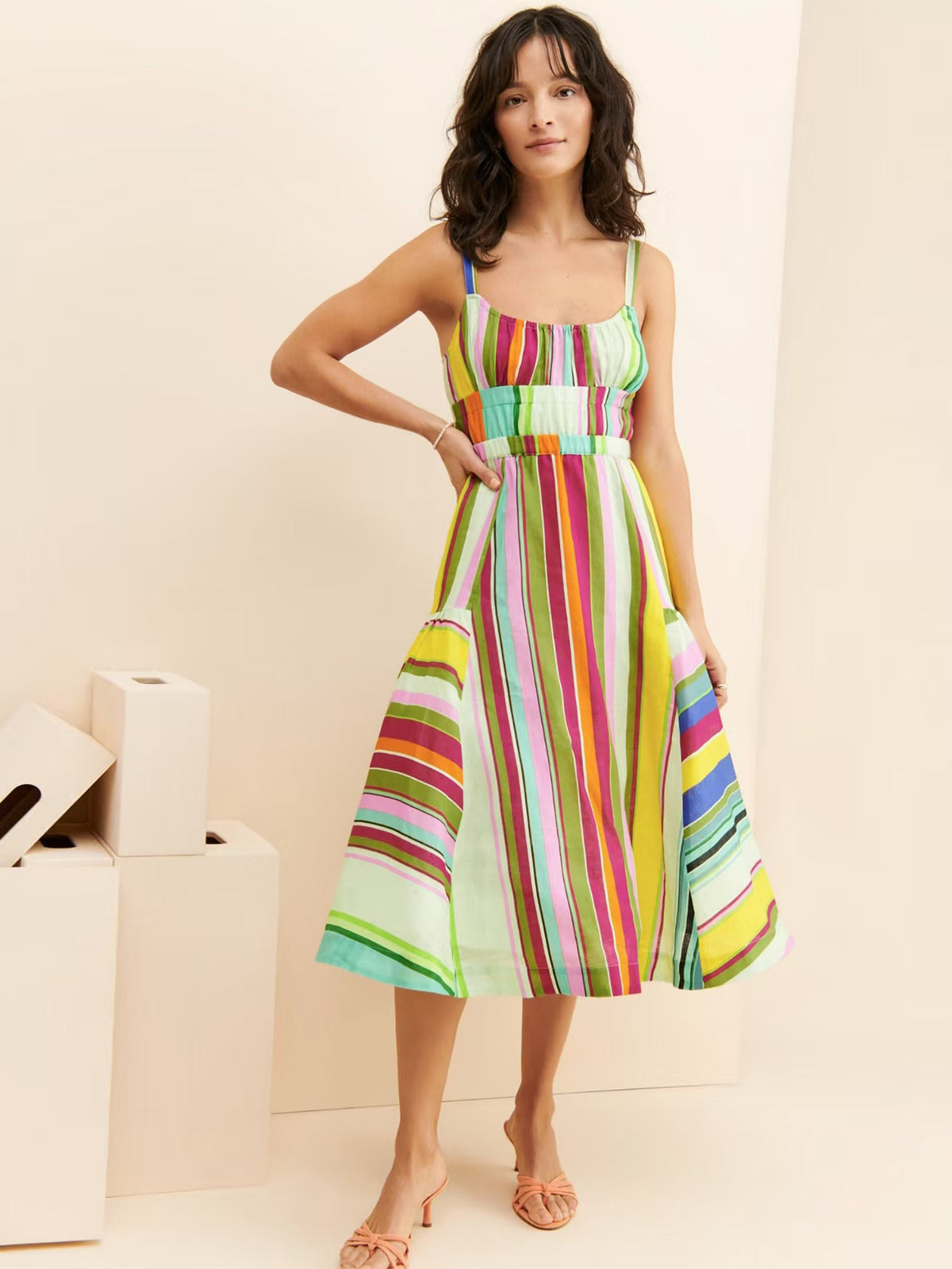 Multi Stripe Scoop Neck Cami Shirred Bodice Pocket Midi Dress 2