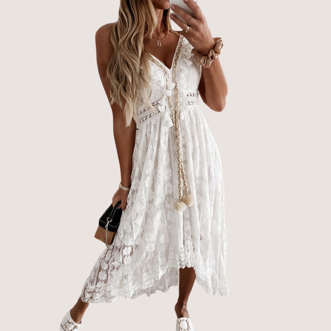 Exclusive Flavia Bohemian Lace Midi Dress with High Low Hem Premium Wardrobe Essential