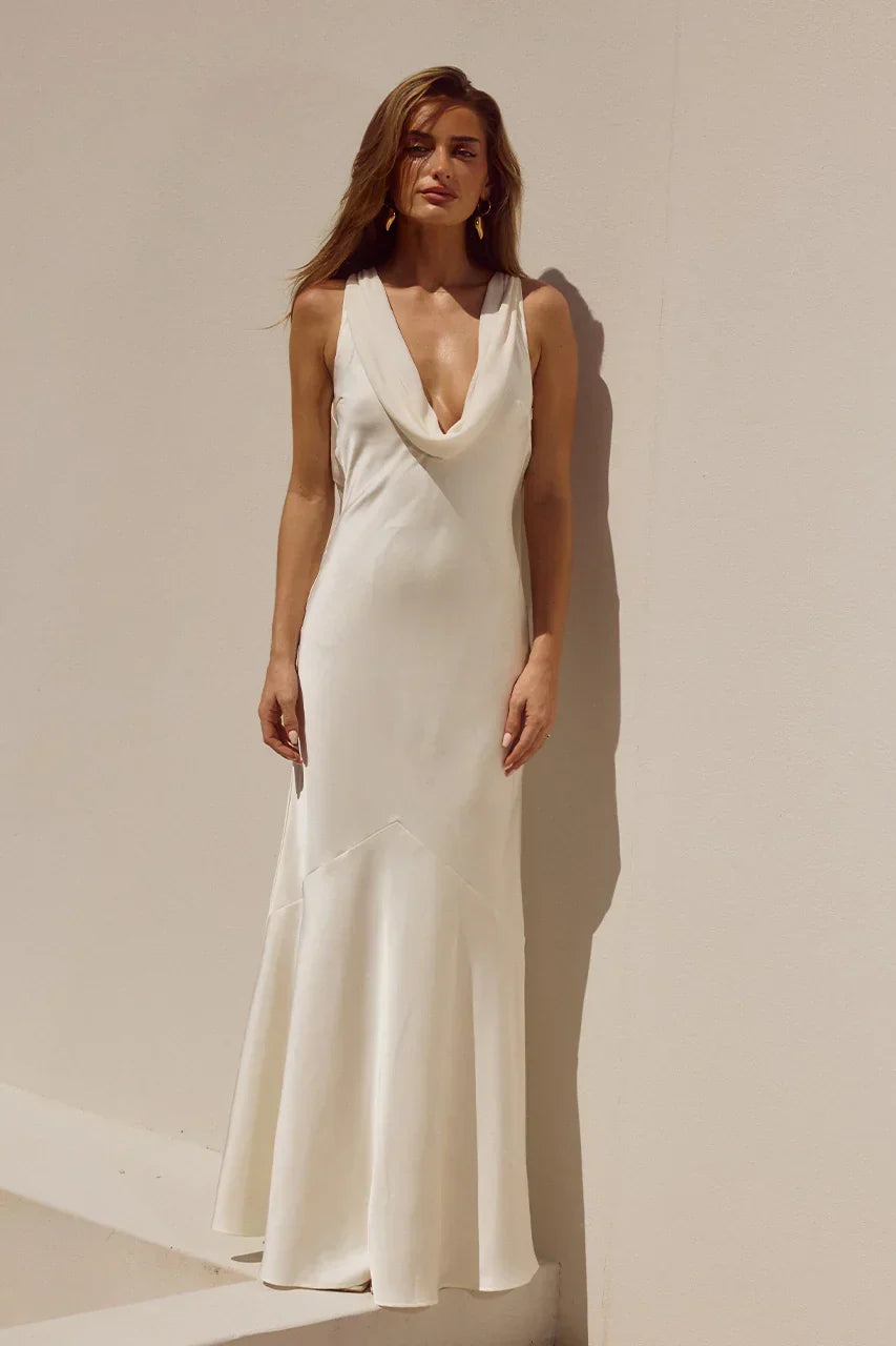 Satin Cowl Neck Sleeveless Draped Back Cape Maxi Dress 5