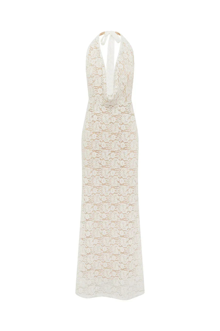 Lace Halter Neck Plunge Cowl Bodycon Mermaid Maxi Dress 6