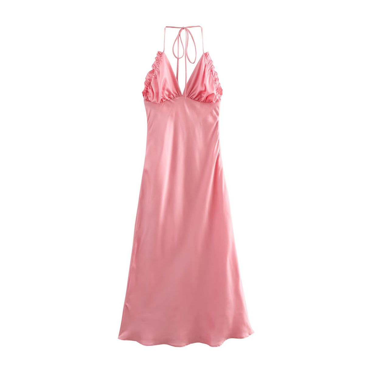 Satin Halter Neck Ruched Bust V-Neck Bias Cut Slip Midi Dress 2