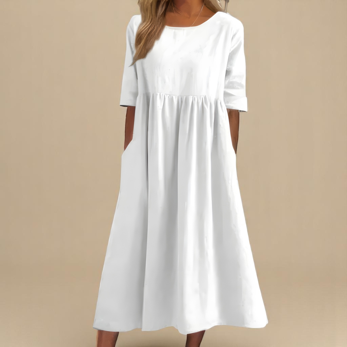 Round Neck Half Sleeve Pocket Babydoll Midi Dress