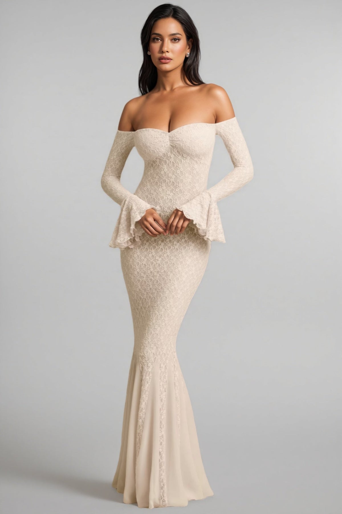 Lace Off Shoulder Ruffle Bell Sleeve Mermaid Maxi Dress
