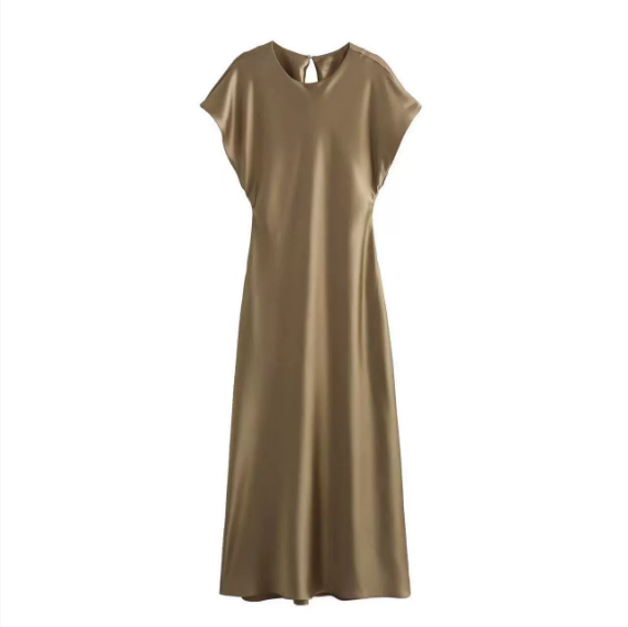 Satin Crew Neck Cap Sleeve Keyhole Back Midi Dress