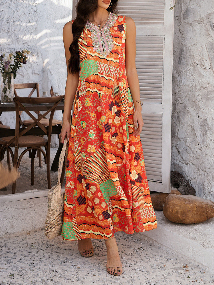 Patchwork Print Embroidered Notch Neck Sleeveless A-Line Maxi Dress