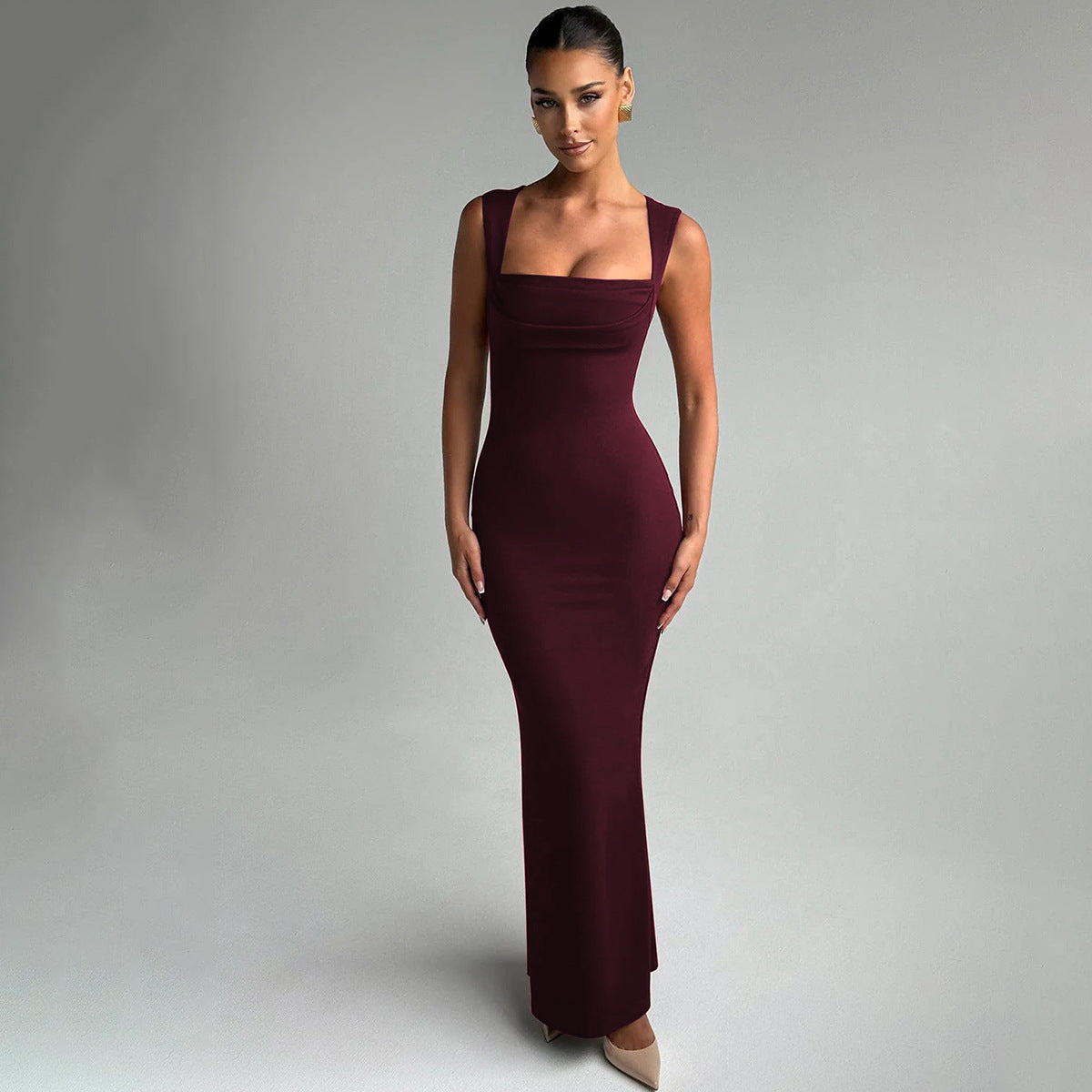 Square Neck Sleeveless Ruched Bust Bodycon Maxi Dress