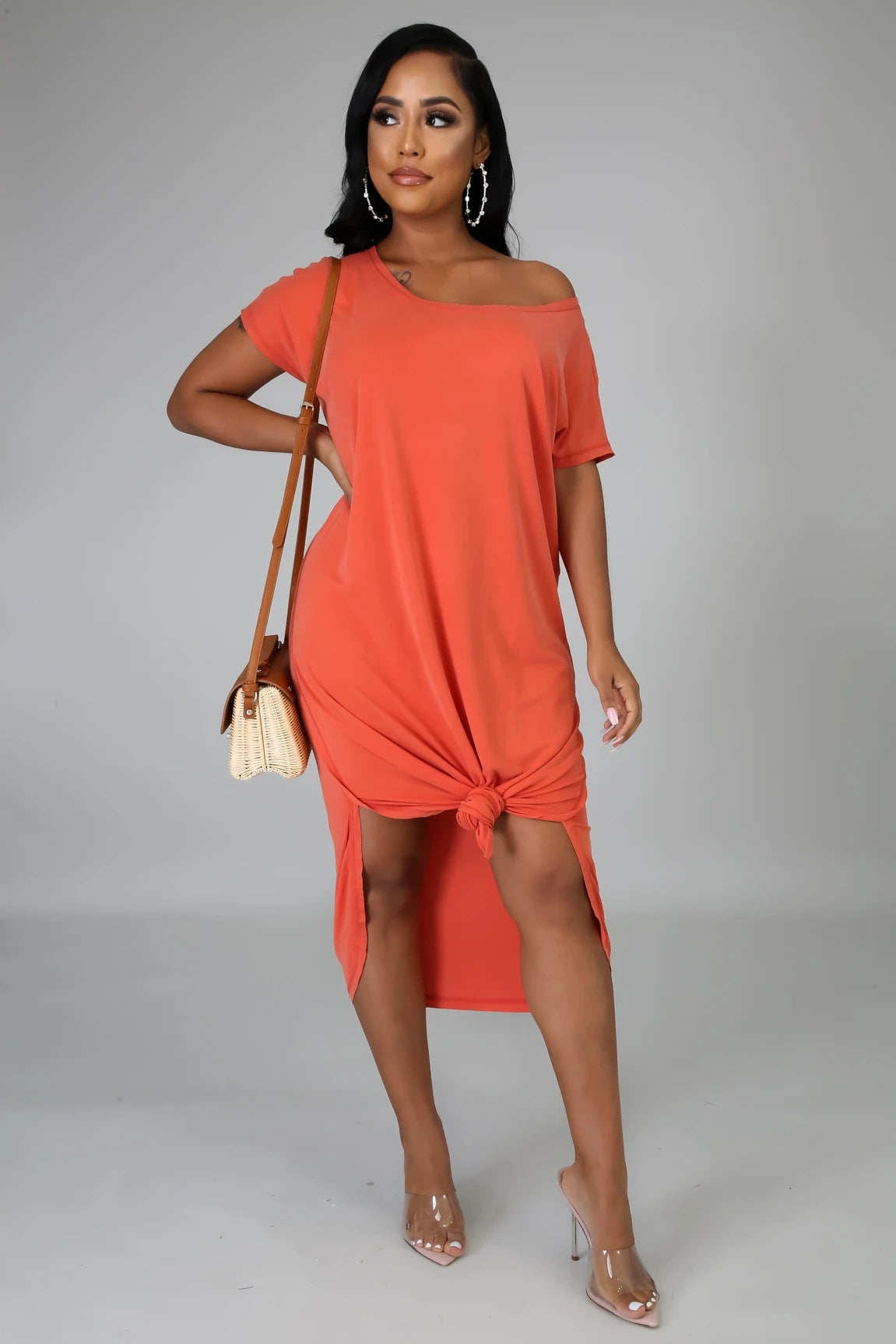 Off Shoulder Short Sleeve Curved Split Hem Loose Midi T Shirt Dress 3