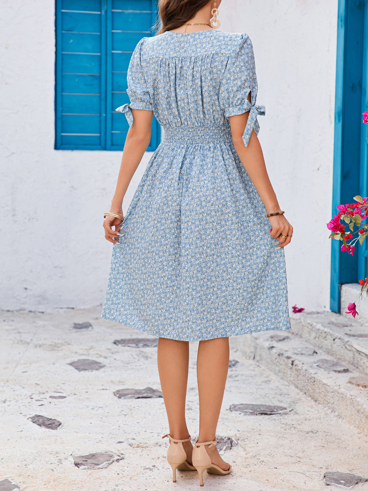 Ditsy Floral V-Neck Tie Sleeve Button Front Smocked Waist Midi Dress 4