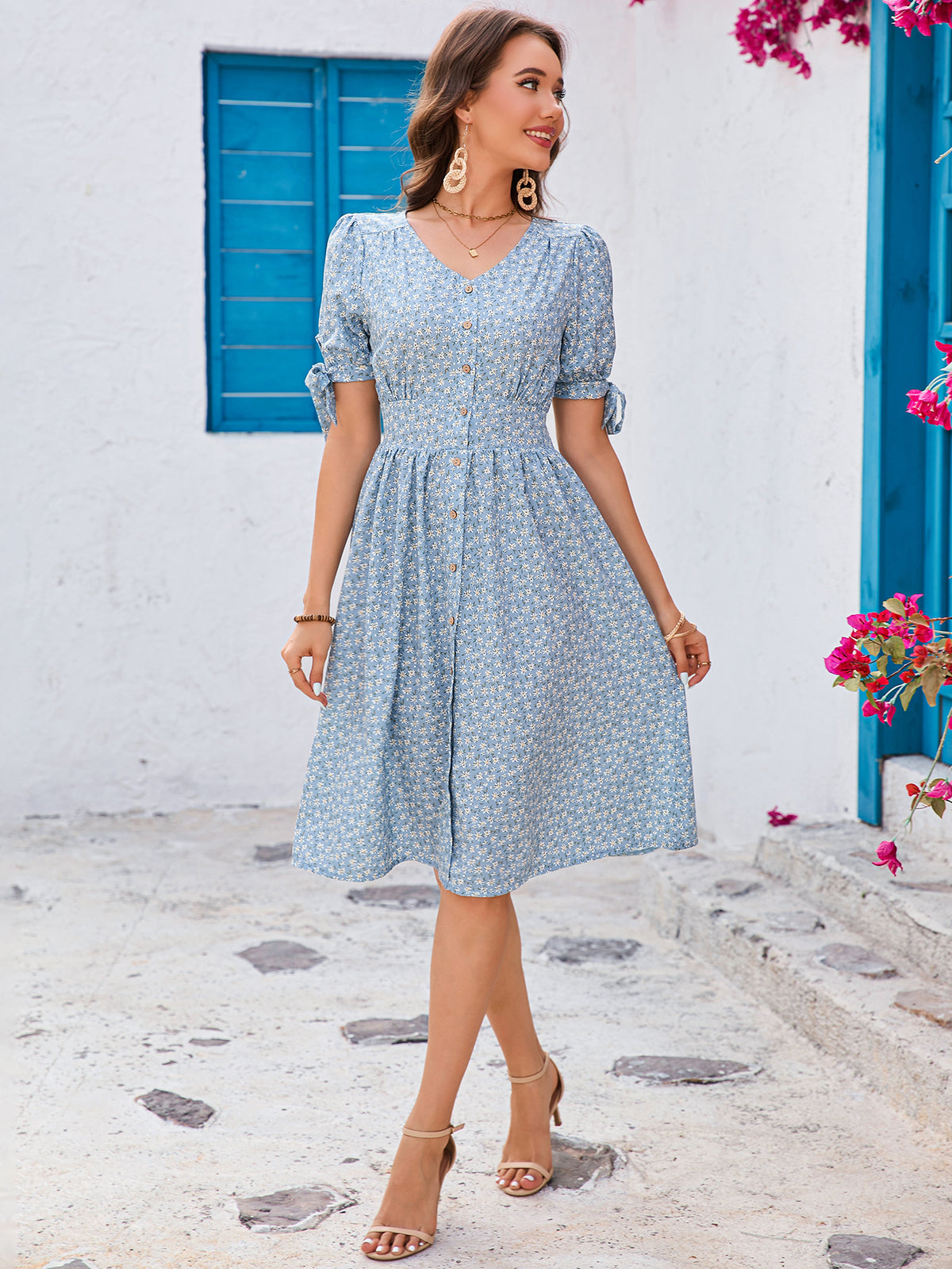 Ditsy Floral V-Neck Tie Sleeve Button Front Smocked Waist Midi Dress 7