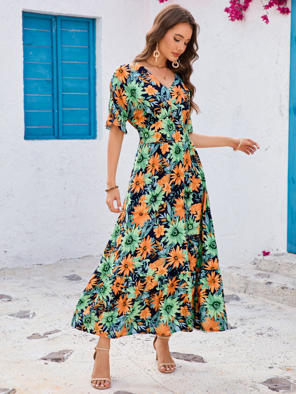 Print Ruffled Batwing Sleeves V Neck Cinched Waist Big Swing Dress Bohemian Beach Vacation Dress