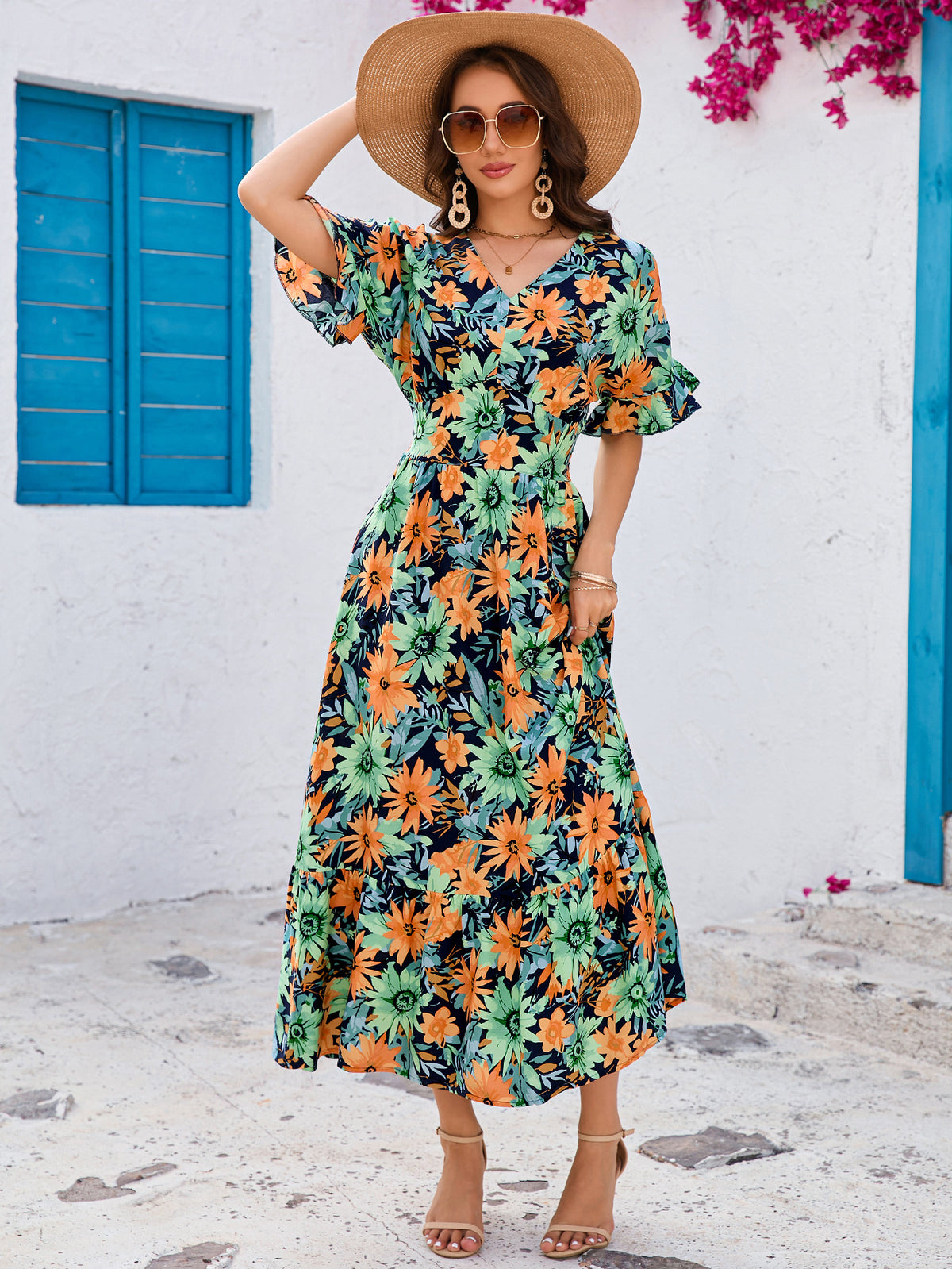 Print Ruffled Batwing Sleeves V Neck Cinched Waist Big Swing Dress Bohemian Beach Vacation Dress