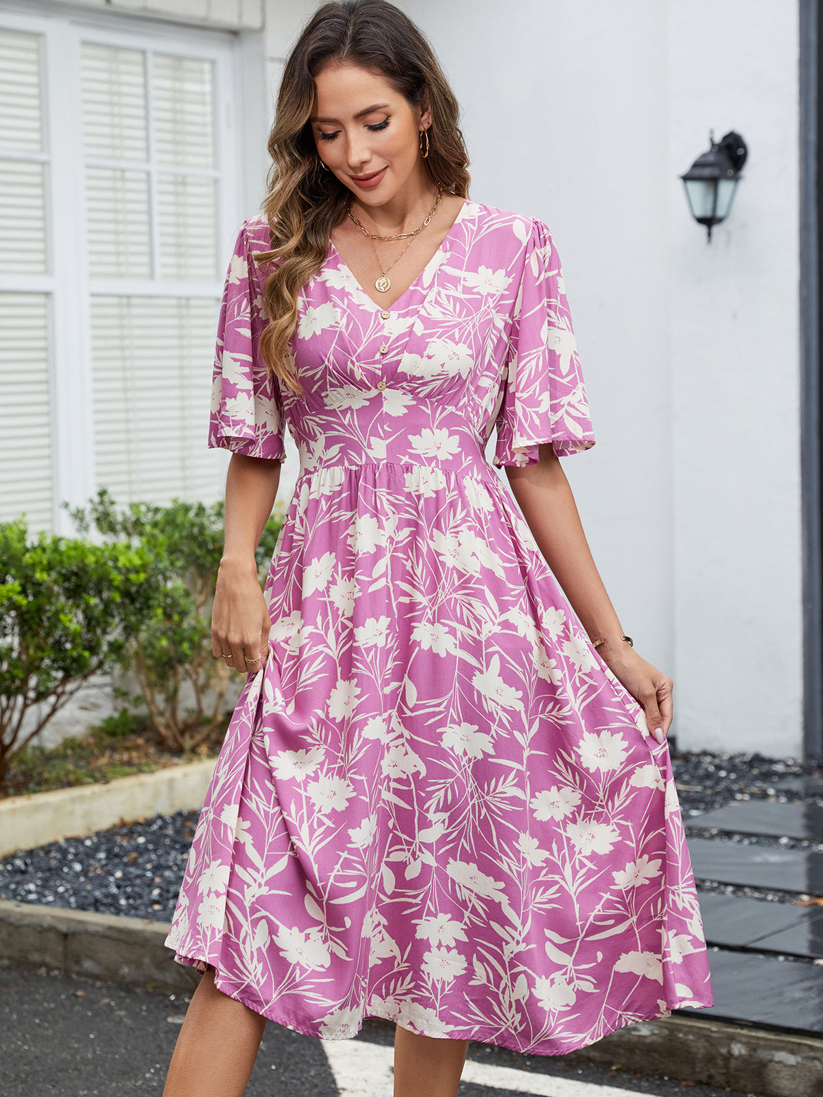 Printed V Neck Short Sleeved Waist Dress Bohemian Vacation Party Beach Dress