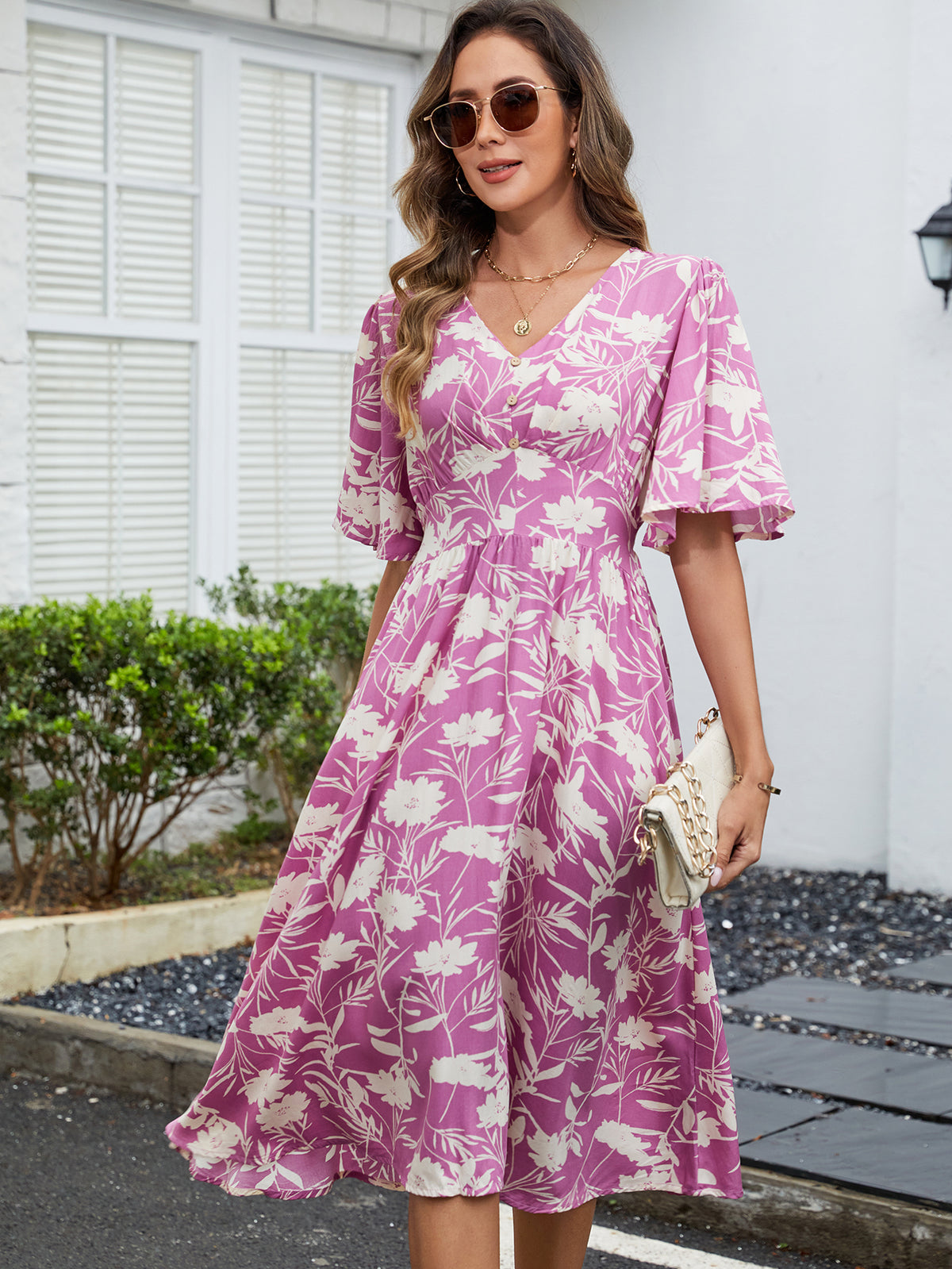 Printed V Neck Short Sleeved Waist Dress Bohemian Vacation Party Beach Dress