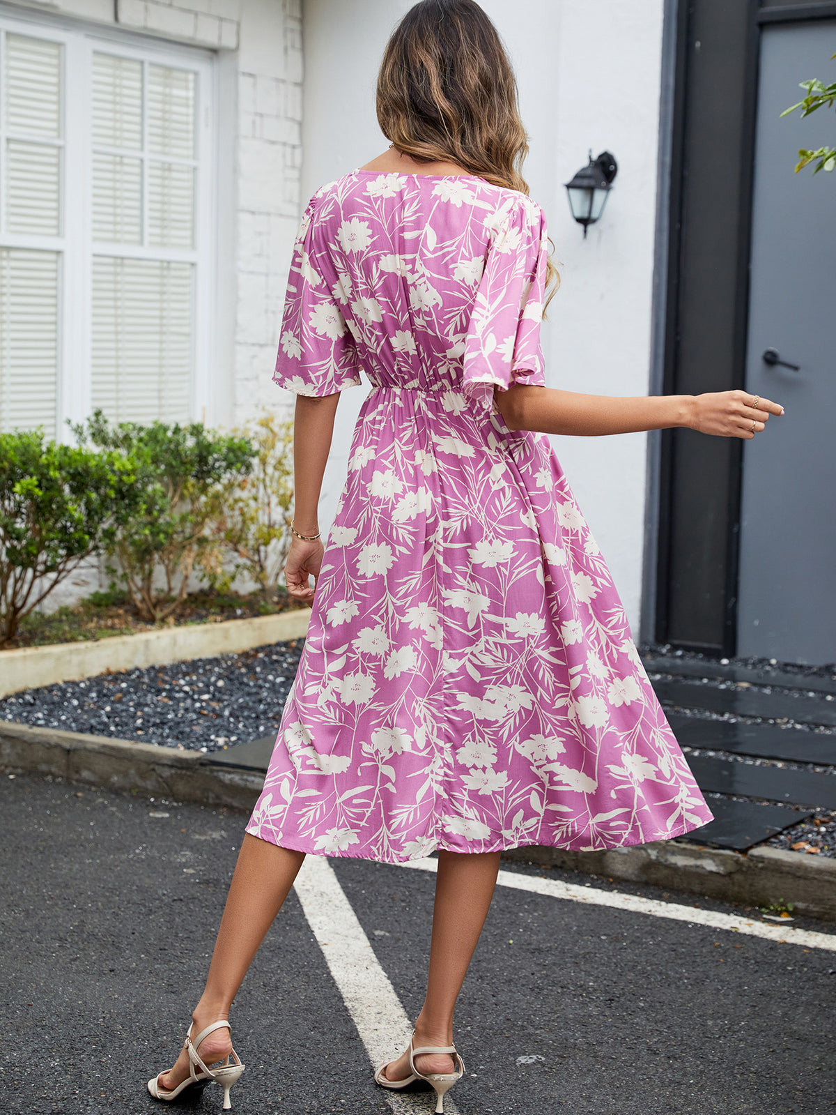Printed V Neck Short Sleeved Waist Dress Bohemian Vacation Party Beach Dress