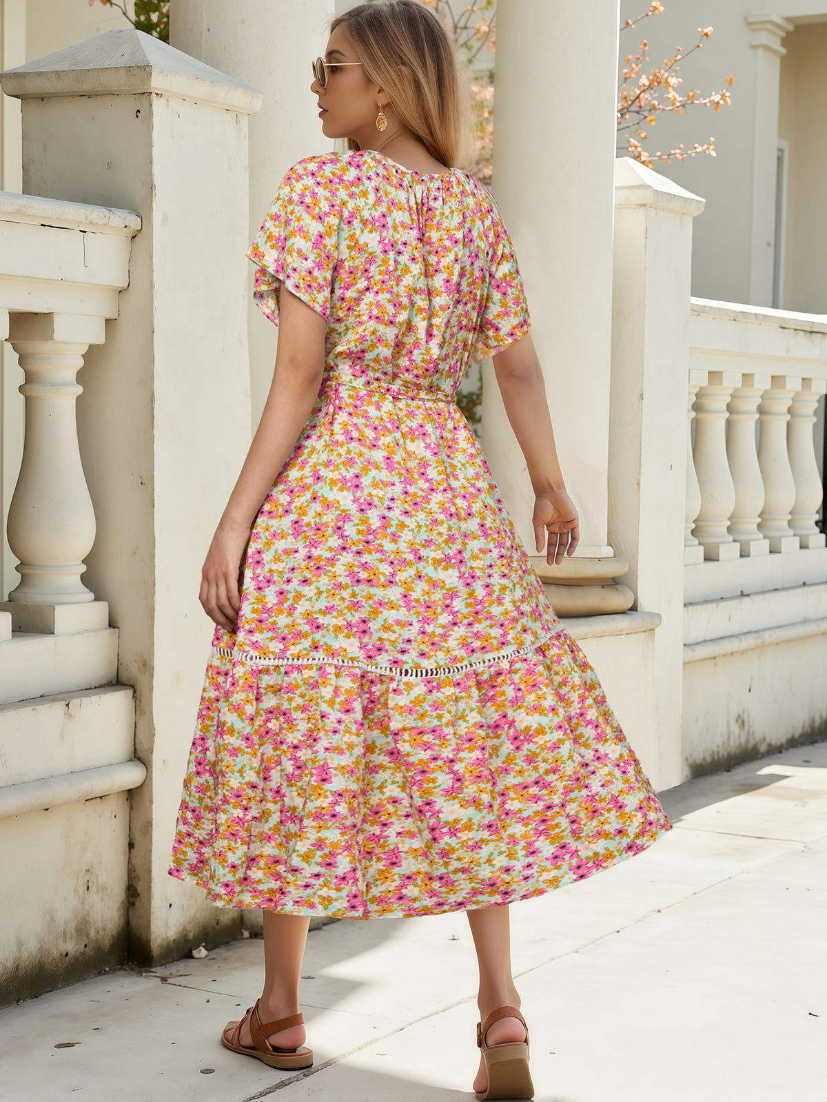 Ditsy Floral Print Tie Neck Tassel Short Sleeve Belted Tiered Midi Dress 3