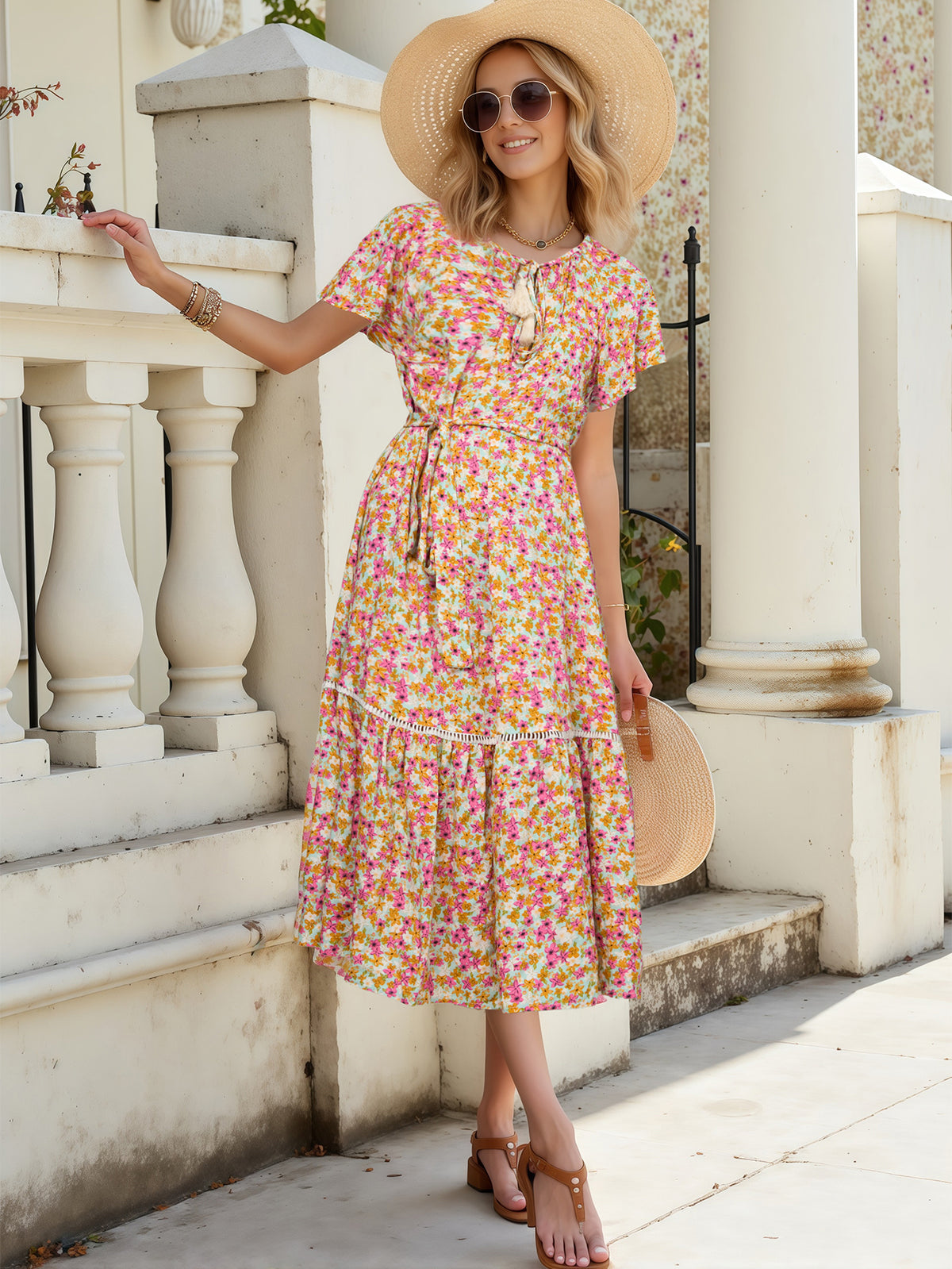 Ditsy Floral Print Tie Neck Tassel Short Sleeve Belted Tiered Midi Dress 4
