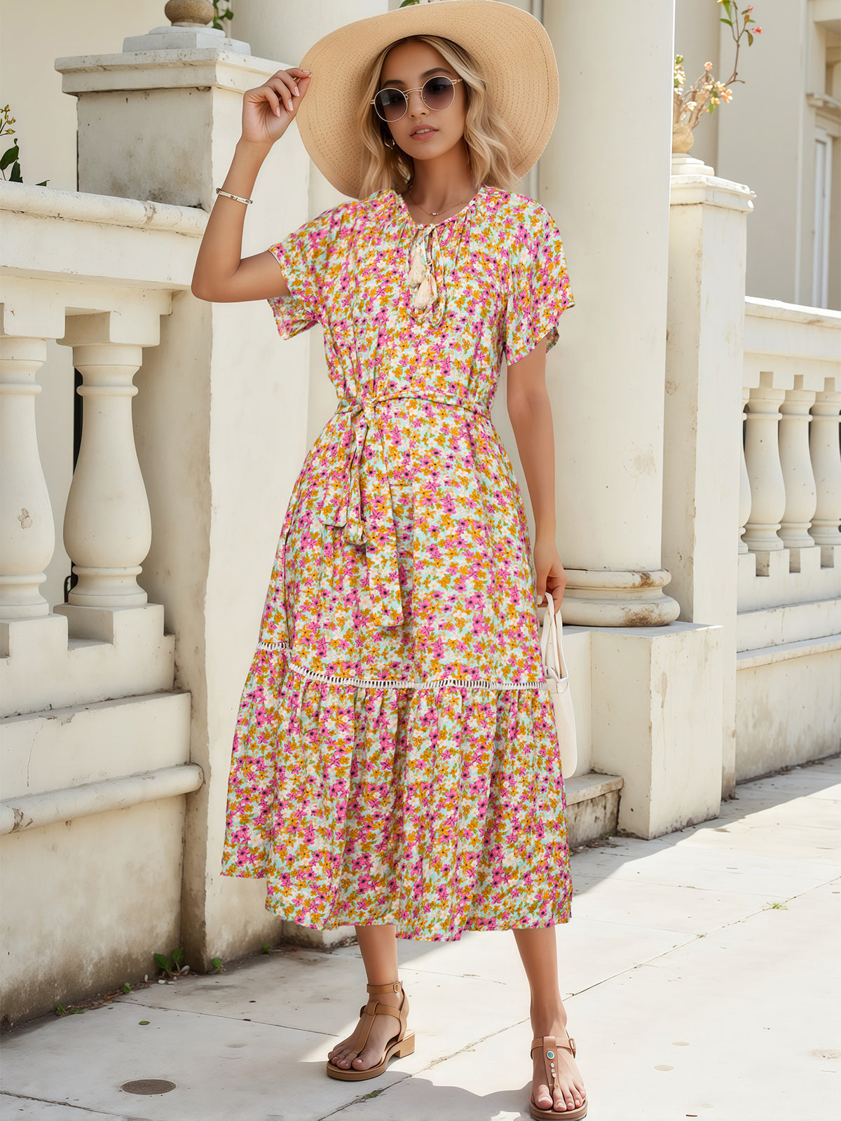 Ditsy Floral Print Tie Neck Tassel Short Sleeve Belted Tiered Midi Dress 5
