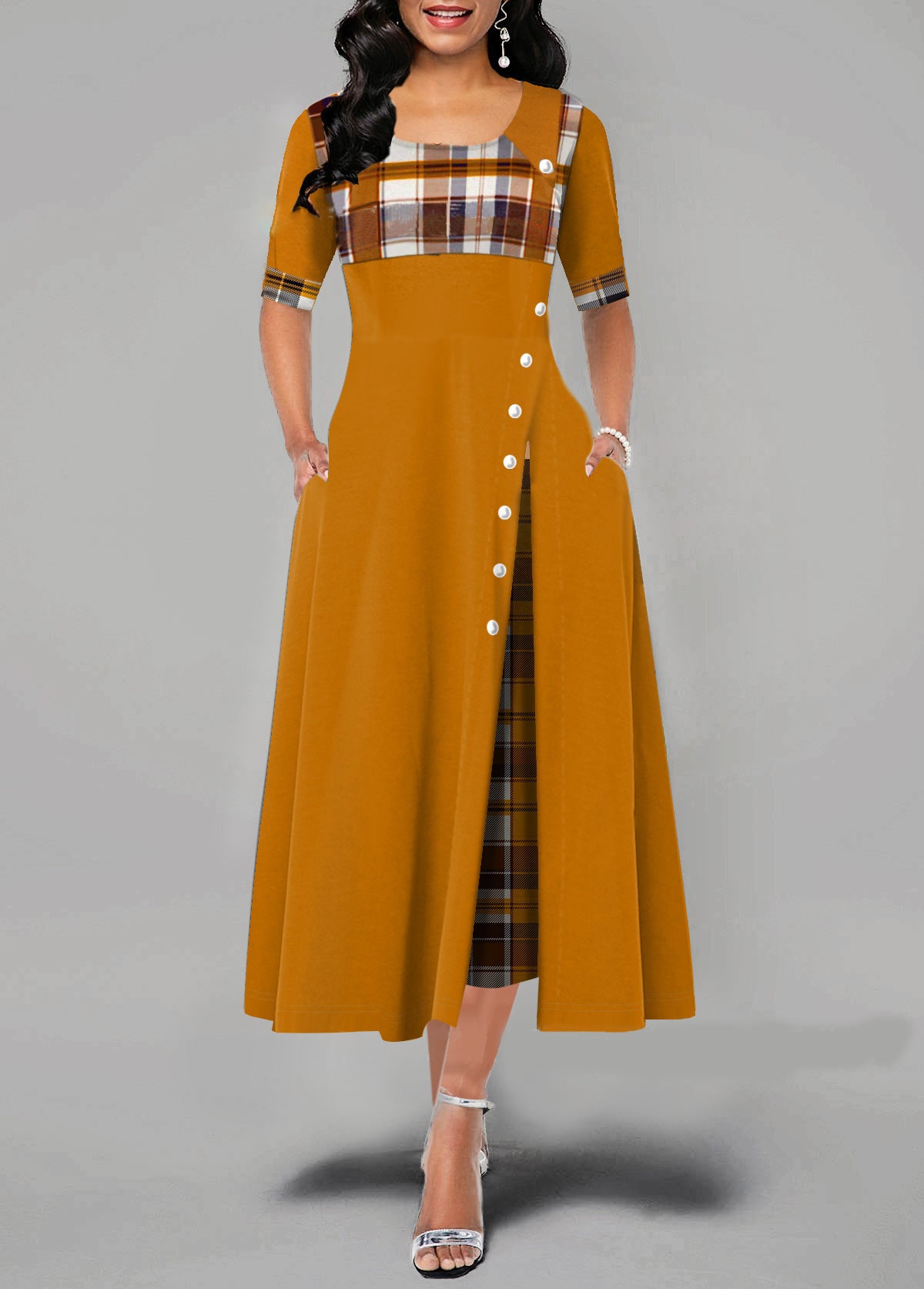 Plaid Panel Square Neck Half Sleeve Button Split A-Line Midi Dress 4
