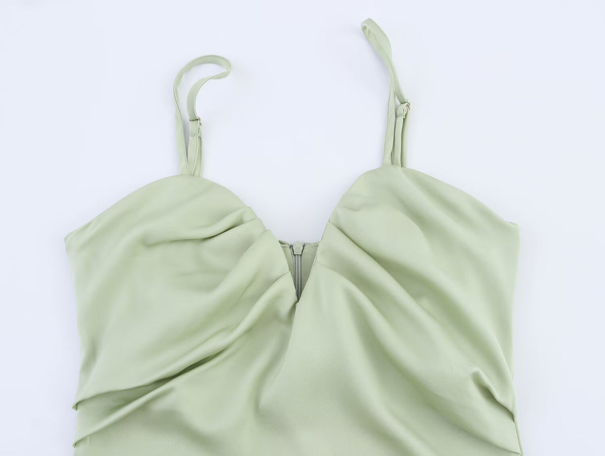 Satin Sweetheart Neck Ruched Bust Spaghetti Strap Midi Slip Dress 4