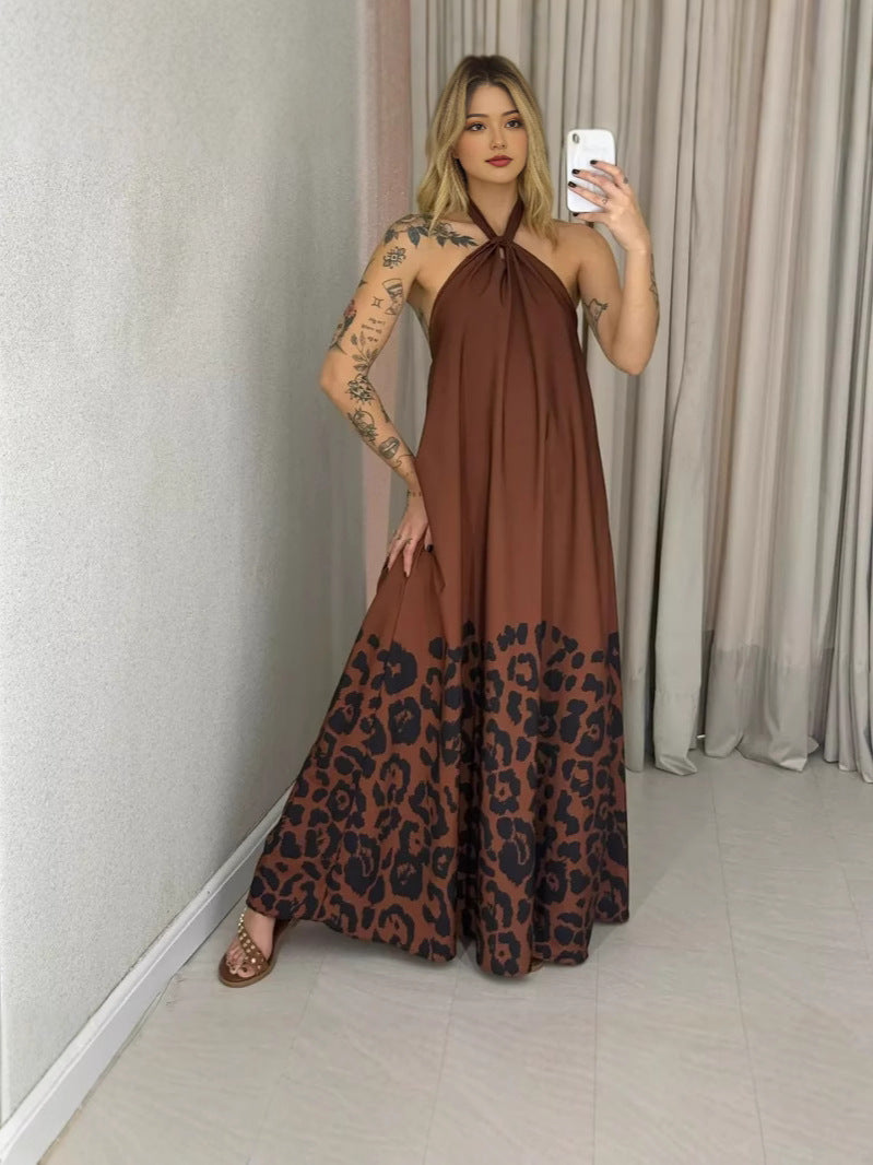 Abstract Animal Print Twist Halter Neck Backless Flowy Maxi Dress 3