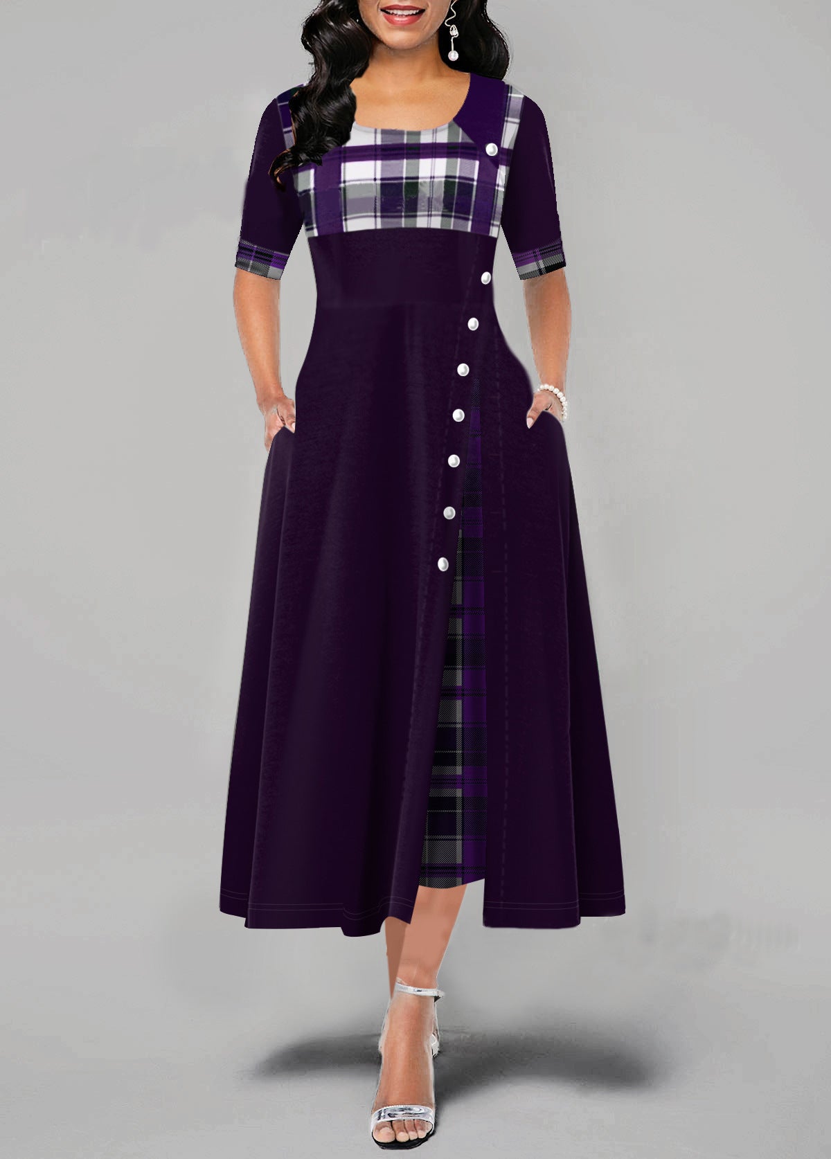 Plaid Panel Square Neck Half Sleeve Button Split A-Line Midi Dress 6