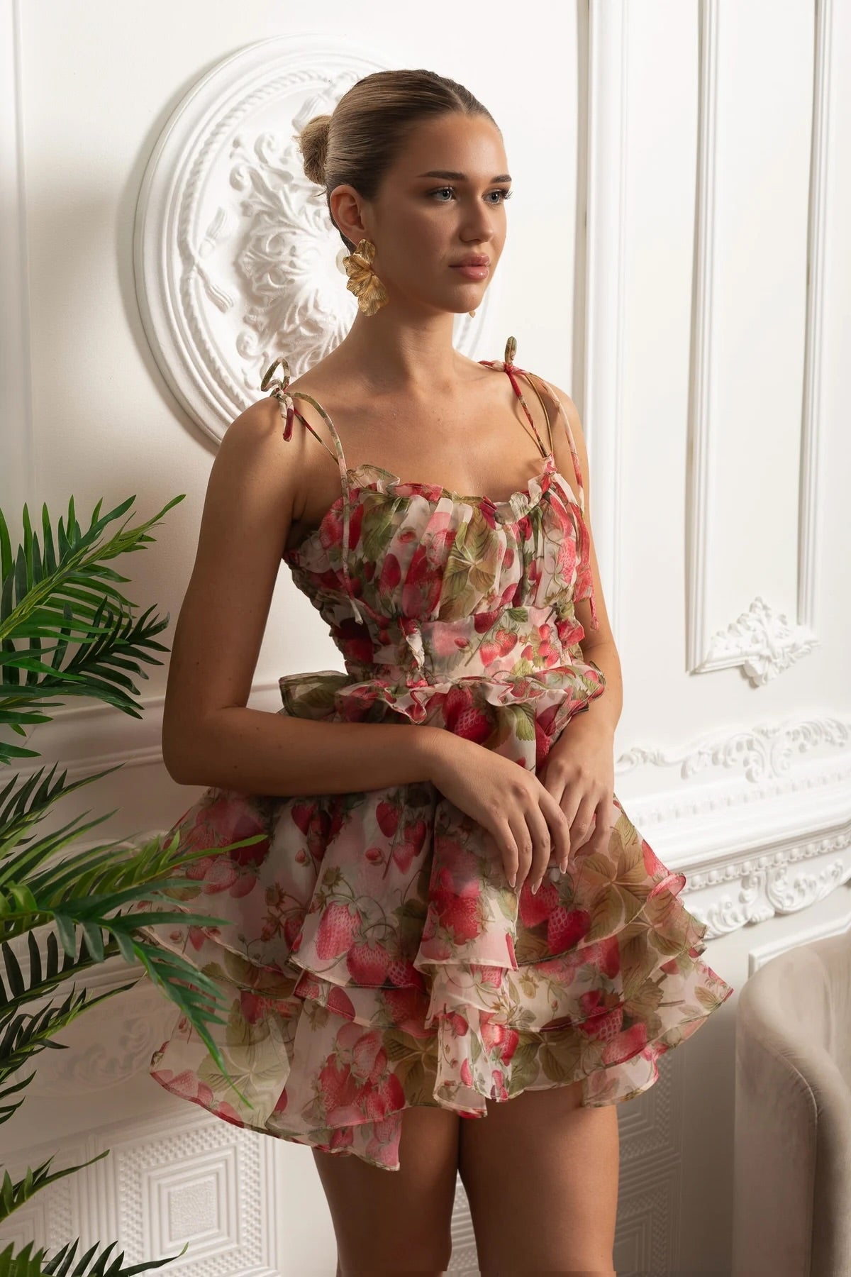 Strawberry Print Tie Strap Ruched Bust Tiered Ruffle Mini Dress