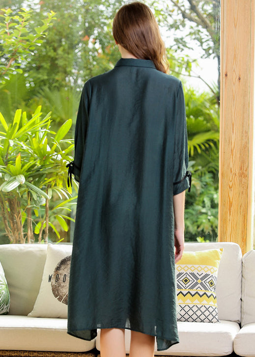Collared Button Down Ruffle Mesh Layer Three Quarter Sleeve Shirt Dress