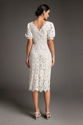 White Lace Overlay V-Neck Rhinestone Detail Midi Dress - View 4