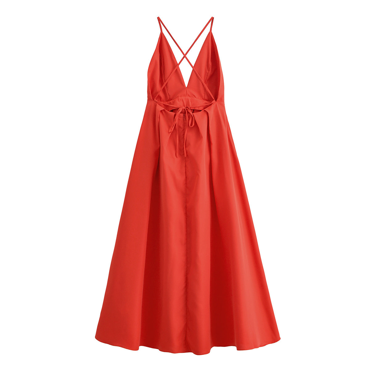 Deep V-Neck Spaghetti Strap Open Back Pleated A-Line Maxi Dress 4