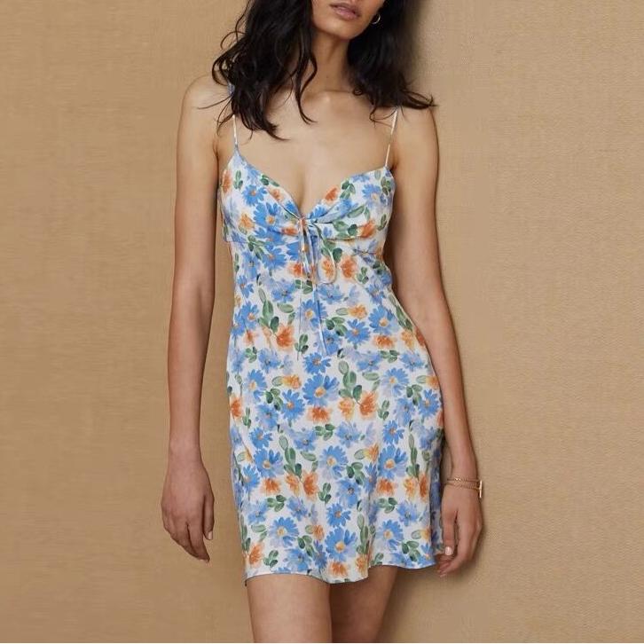 Floral Print Tie Front Spaghetti Strap V-Neck Mini Slip Dress
