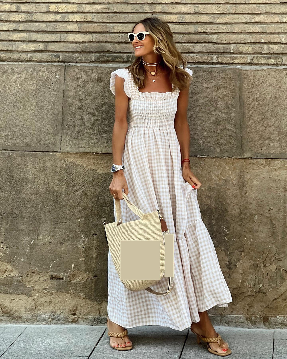 Gingham Smocked Square Neck Ruffle Strap Tiered Maxi Dress