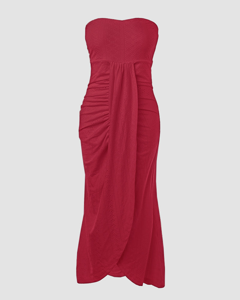 Strapless Eyelet Ruched High Split Midi Dress Summer 5