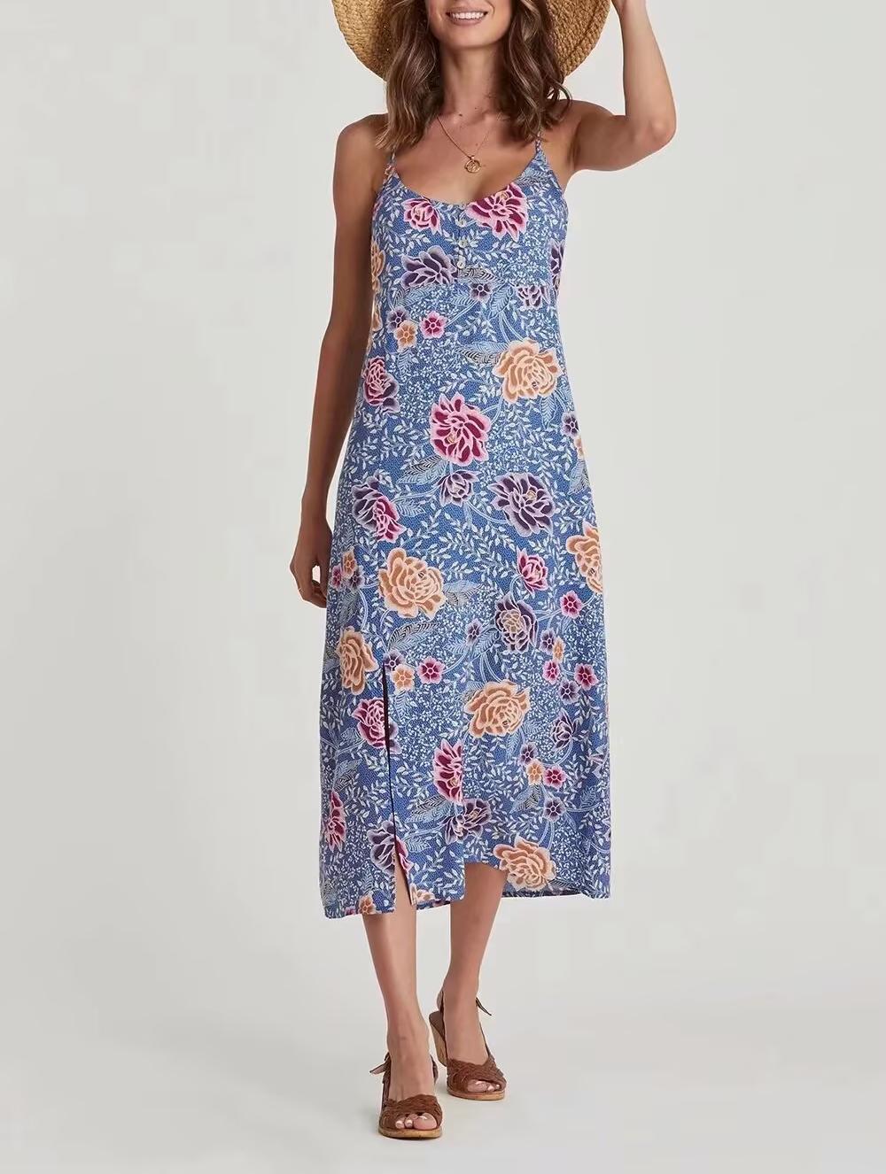 Women Clothing Simple Rayon Floral Printing Sleeveless Split Dress