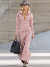 Knit Collared Long Sleeve Zip Front Maxi Dress 8