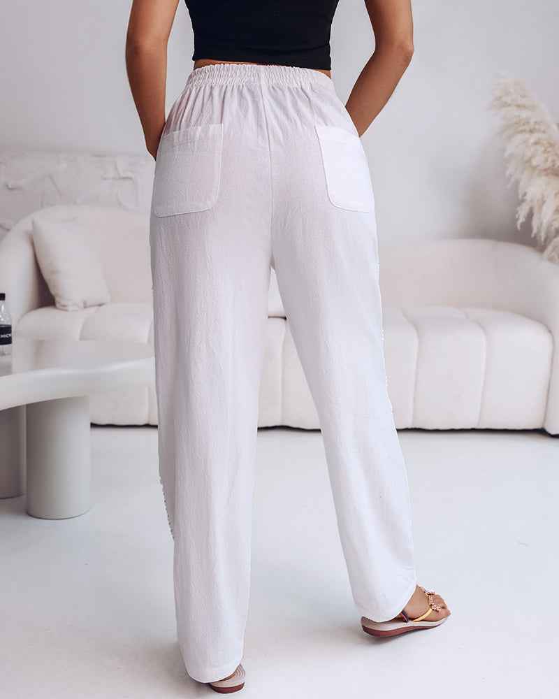 Natural Casual Pants With Hollow Out Spliced Details Drawstring Elastic Waist Pocket Cotton
