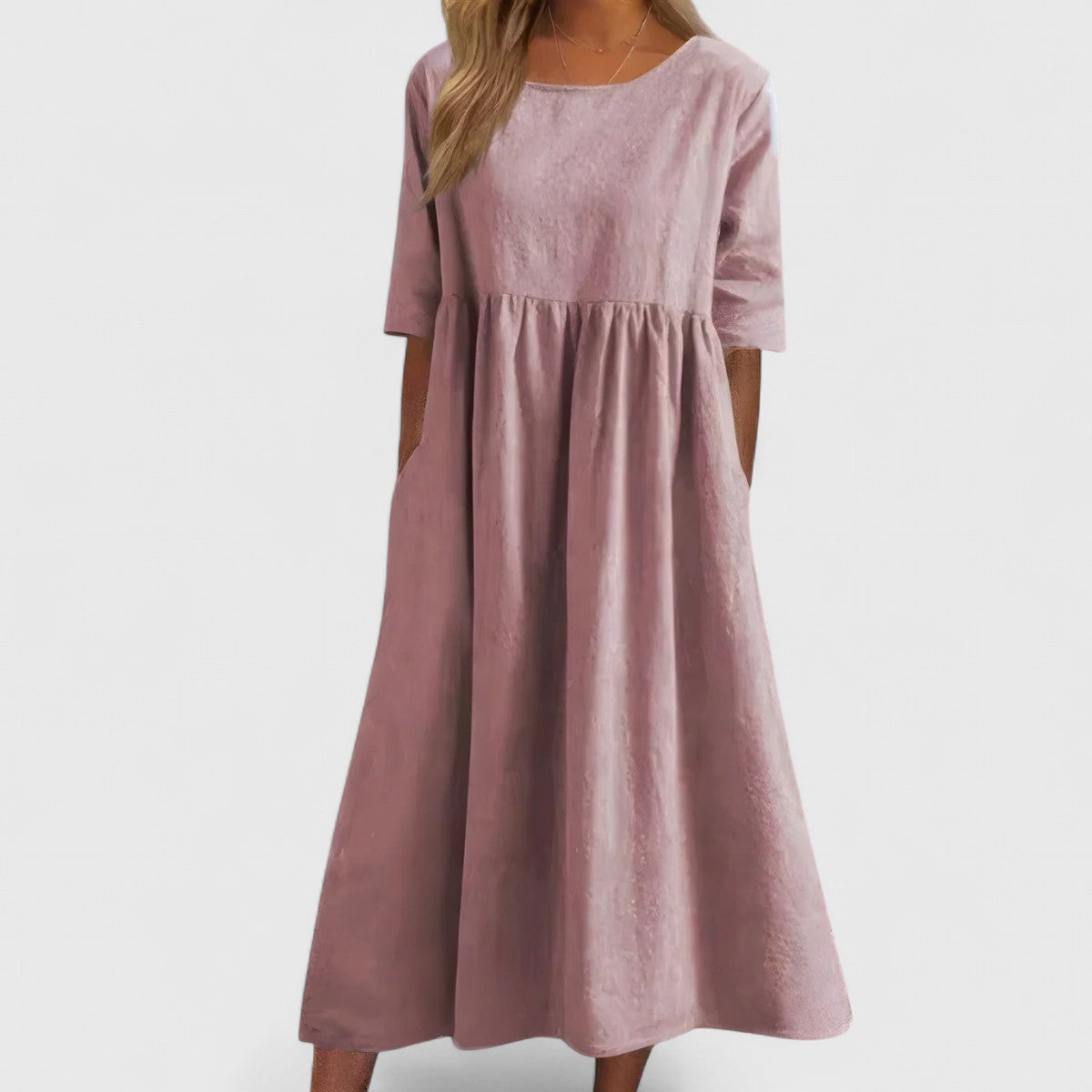 Scoop Neck Short Sleeve Pocket A-Line Midi Dress
