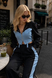 Color Block Casual Hoodie Denim Two Piece Pants Set