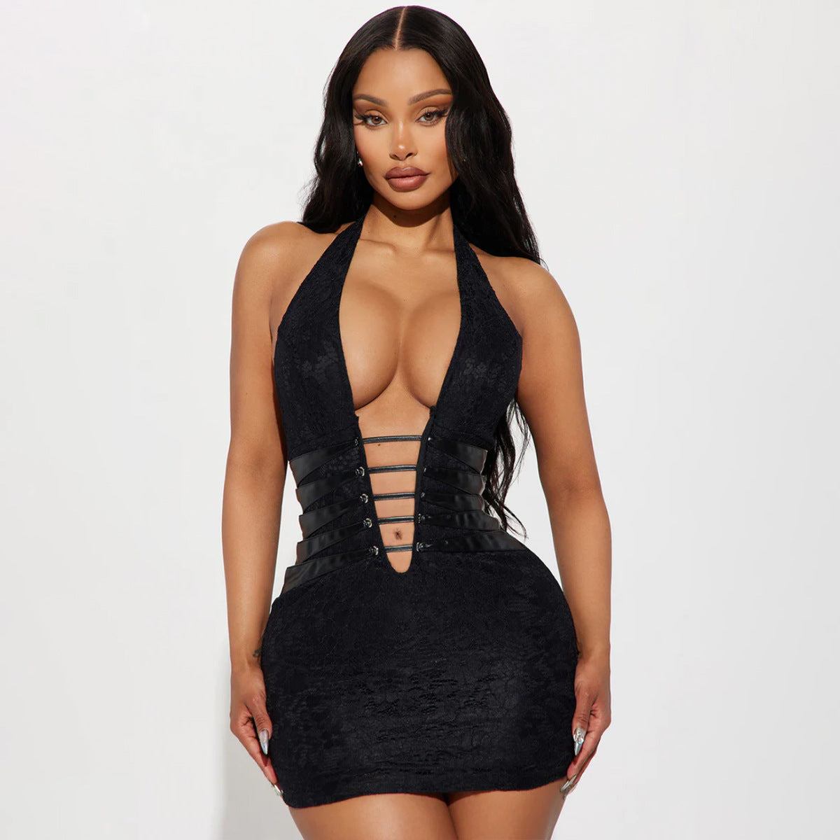 Lace Halter Deep V-Neck Strappy Cut Out Bodycon Mini Dress
