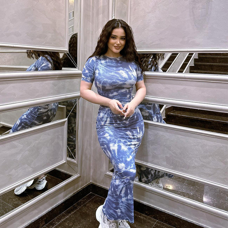 Tie Dye Crew Neck Short Sleeve Ruched Bodycon Maxi Dress