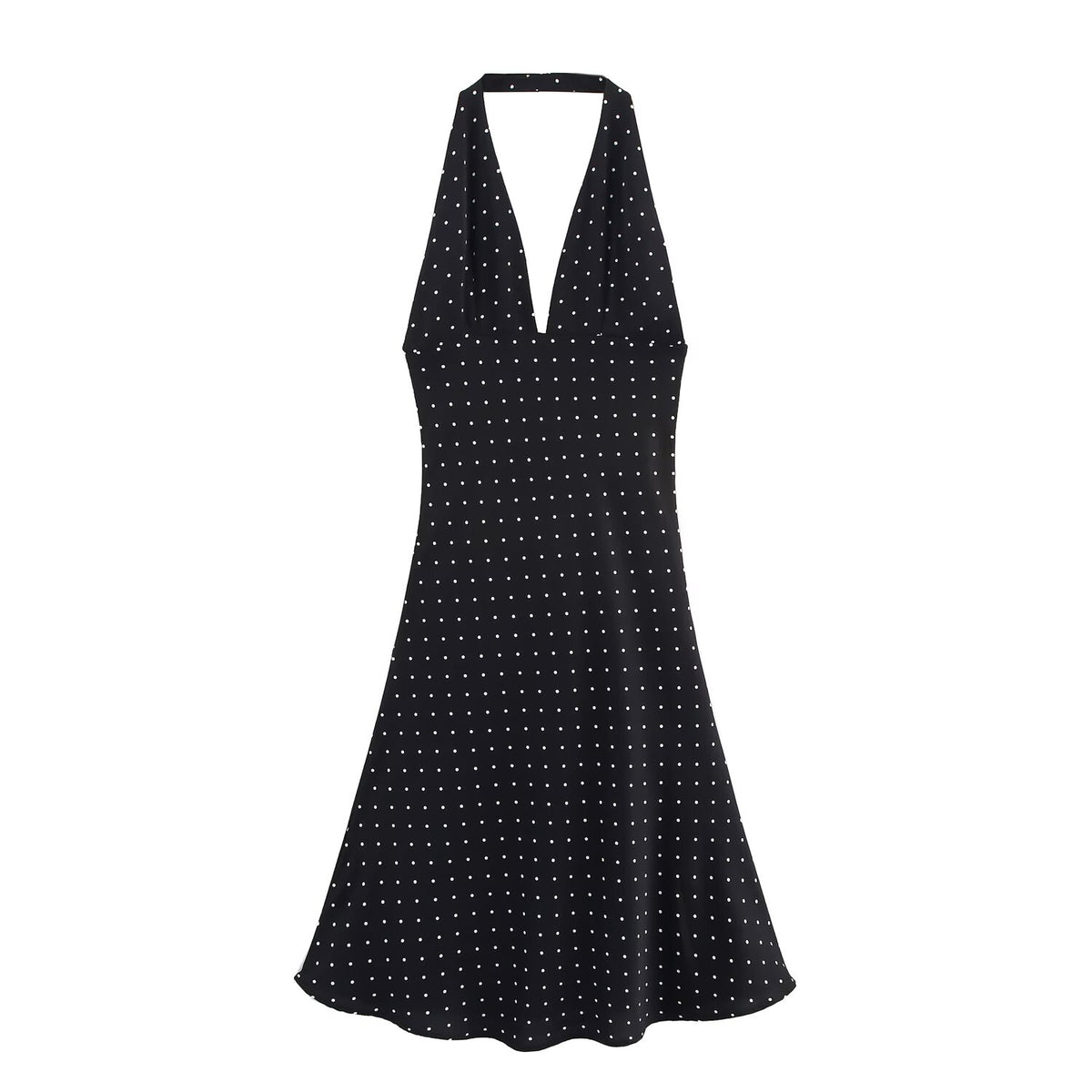 Polka Dot Halter Neck Deep V-Neck Sleeveless A-Line Midi Dress 12
