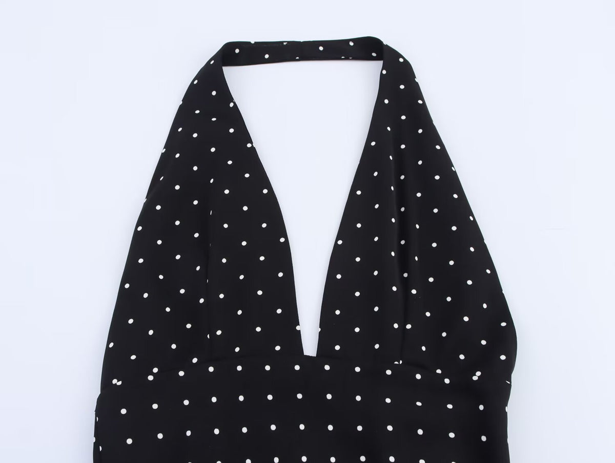 Polka Dot Halter Neck Deep V-Neck Sleeveless A-Line Midi Dress 3