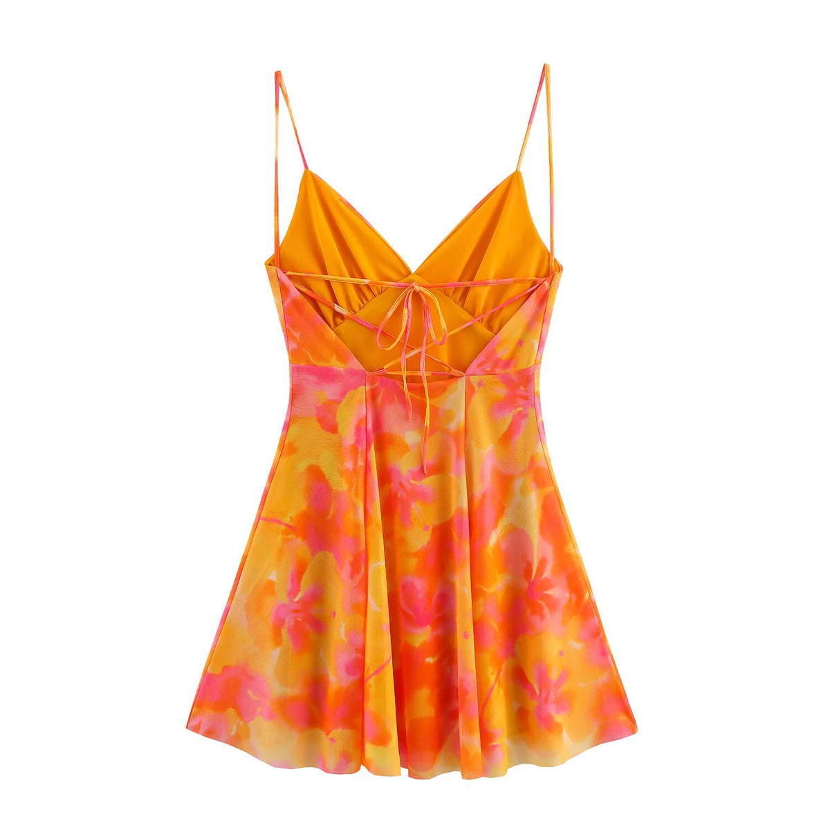 Watercolor Floral Print Mesh V-Neck Cami Fit and Flare Mini Dress 3