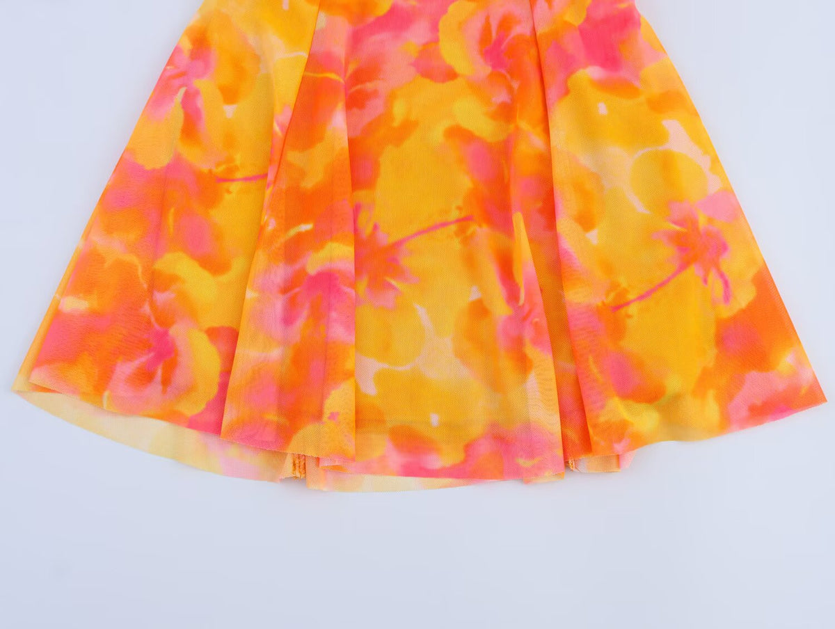 Watercolor Floral Print Mesh V-Neck Cami Fit and Flare Mini Dress 6